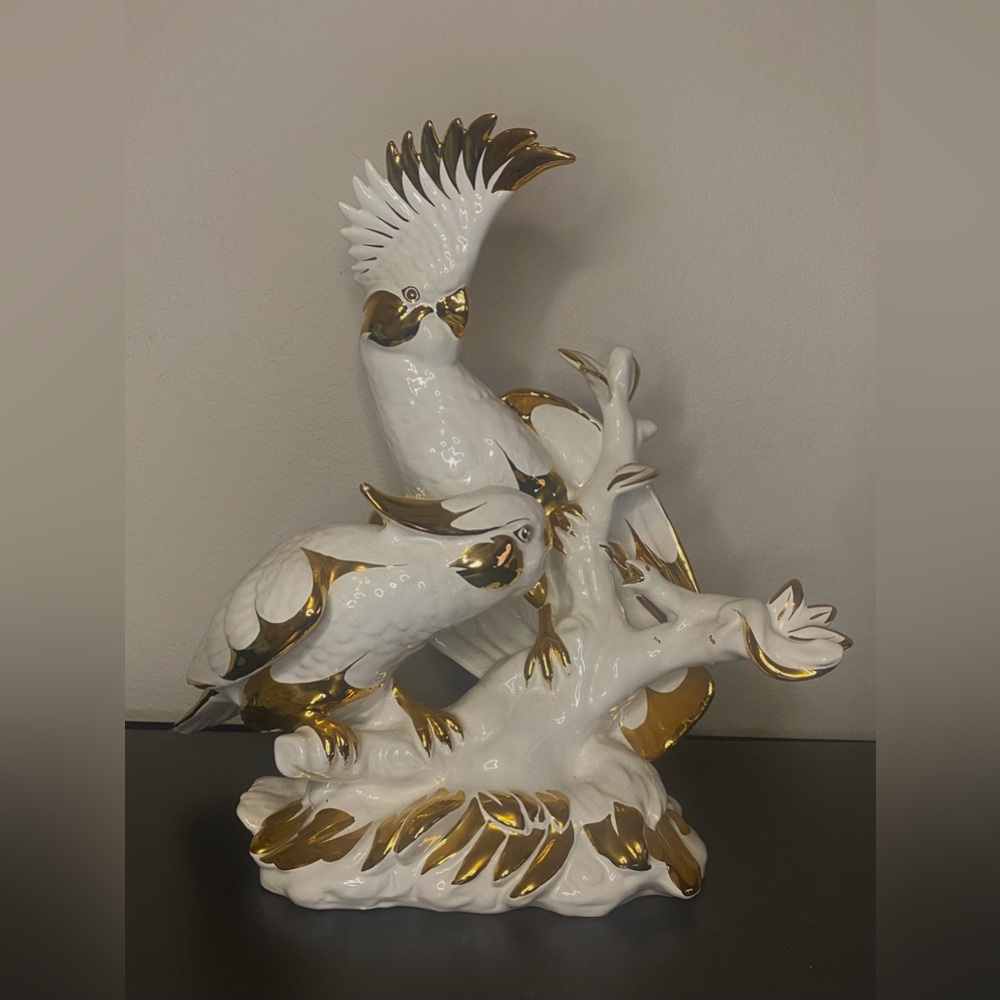 Capodimonte Vintage Antique Italian Two Cockatoos Perched White w/ Gold Accent
